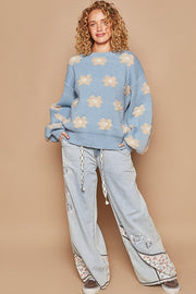 Daisy Pattern Drop Shoulder Sweater - Cornflower Blue