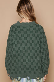 Checkered Distressed Edge Sweater - Forest Green