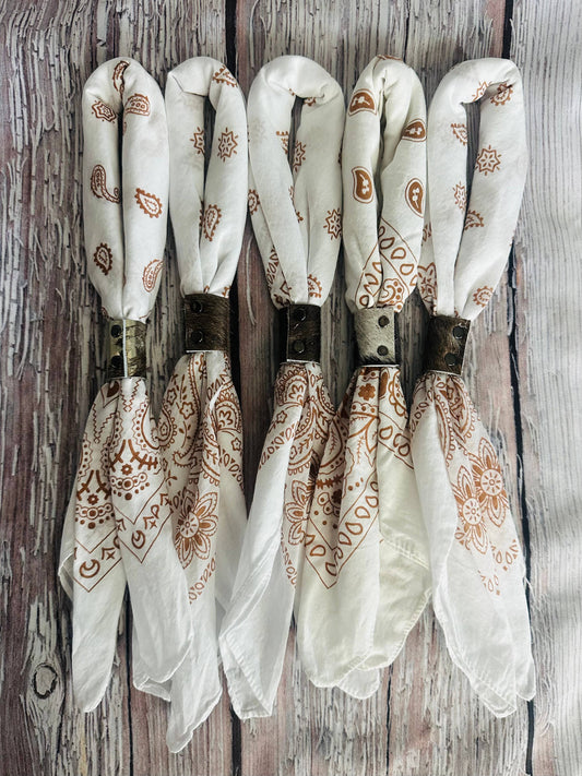 Ivory & Brown Hand Dyed Bandanas With Leather Slides
