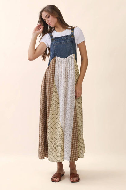 Hazel Mixed Floral And Gingham Patchwork Overall Dress