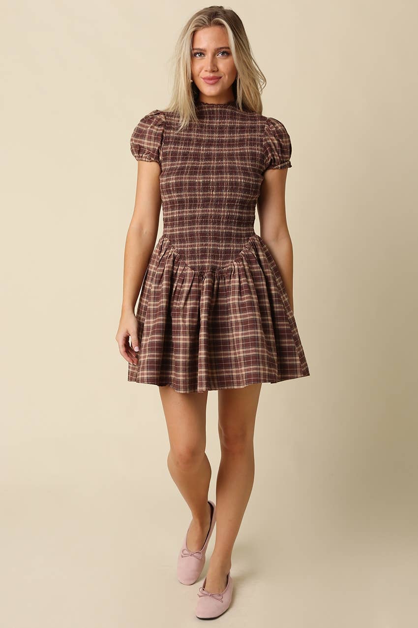 Rinsely Plaid Smocked Mini Dress