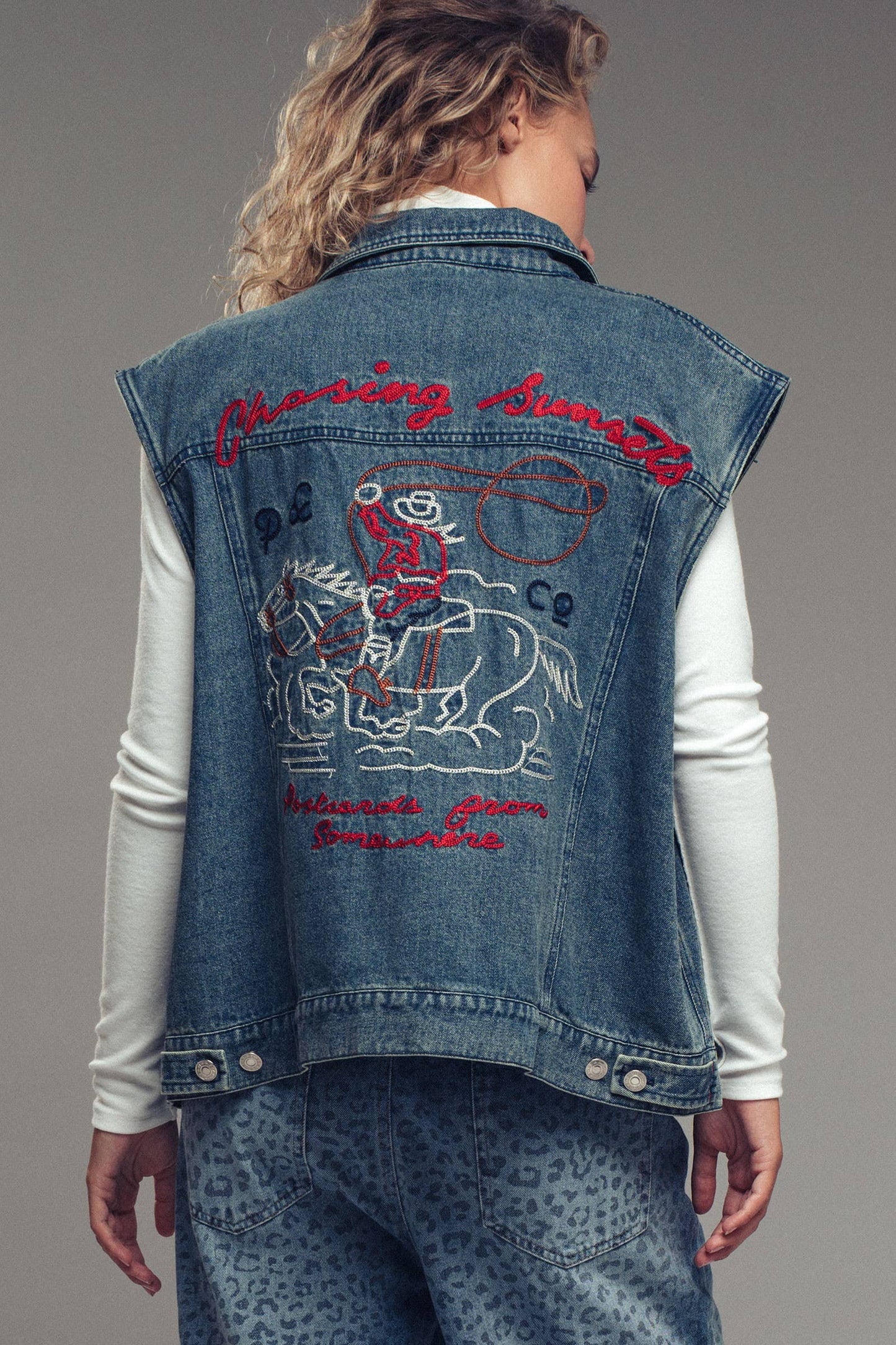 Western Sunset Embroidered Denim Vest