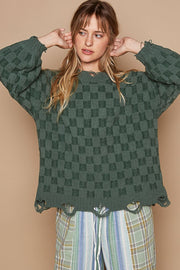 Checkered Distressed Edge Sweater - Forest Green