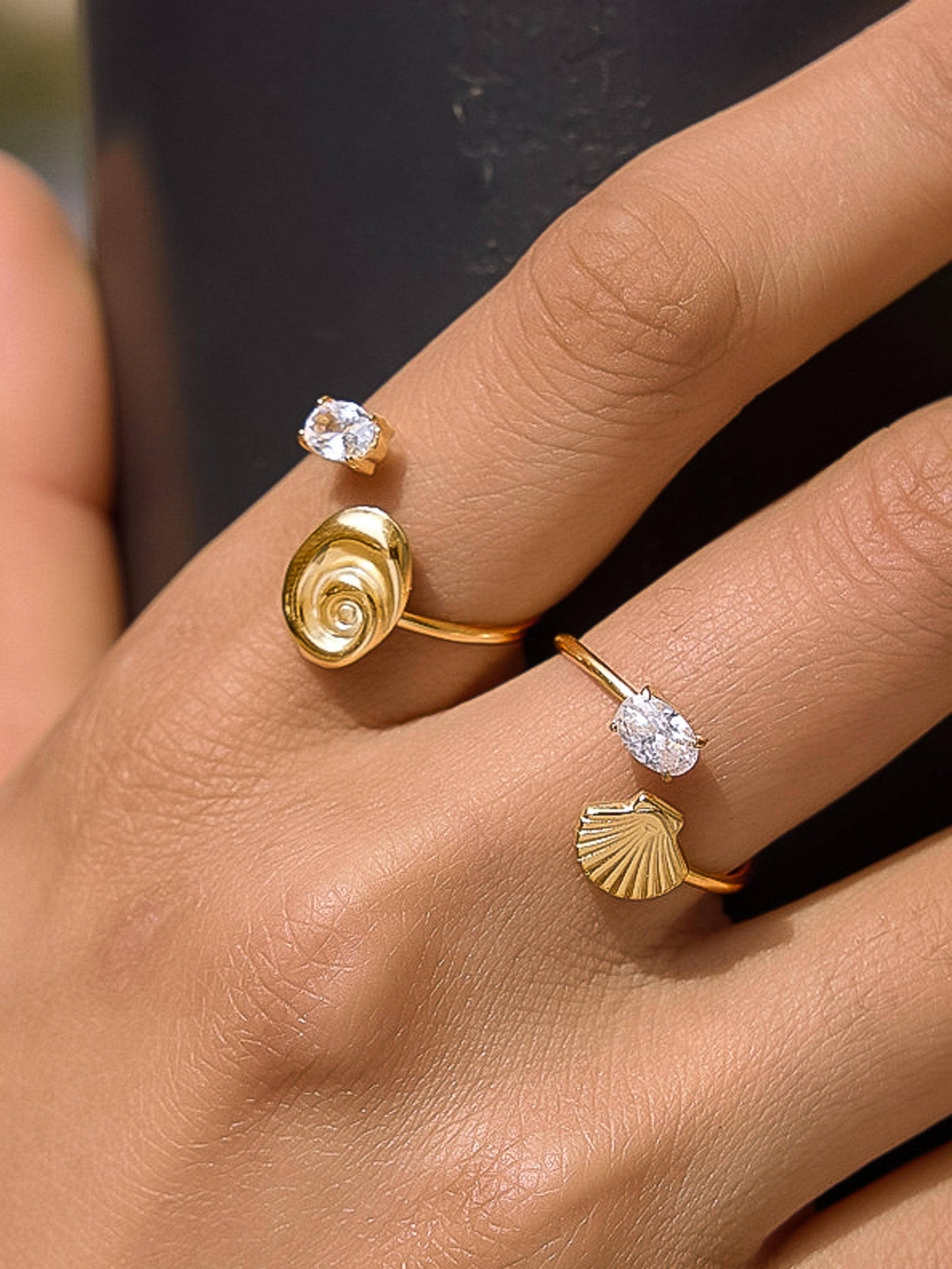 Solenya 18K Gold Non-Tarnish Seashell CZ Statement Ring