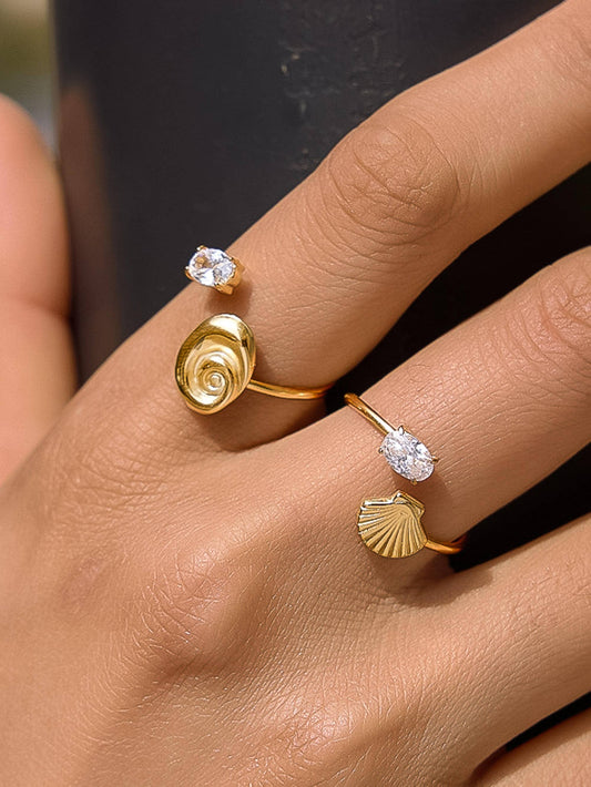 Solenya 18K Gold Non-Tarnish Seashell CZ Statement Ring