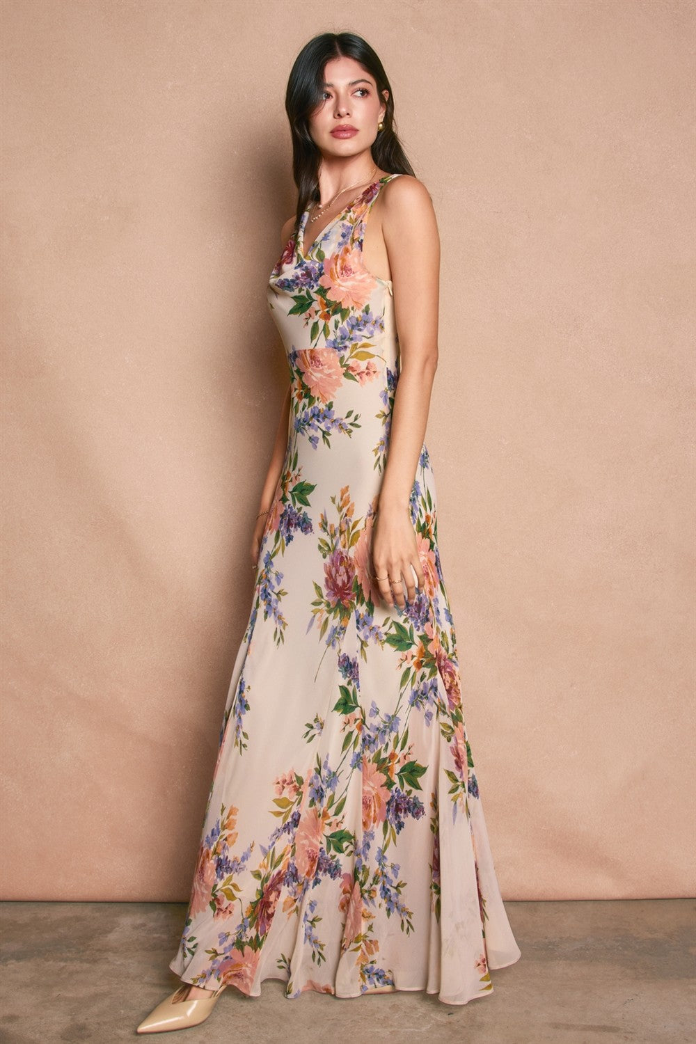 Delicate Affair Cowl Neck Godet Maxi Dress