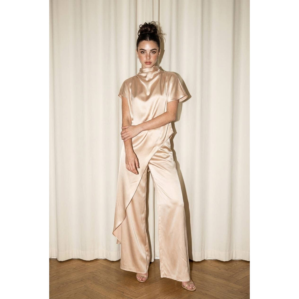 Eyes On Me Satin Drape Neck Tunic Set