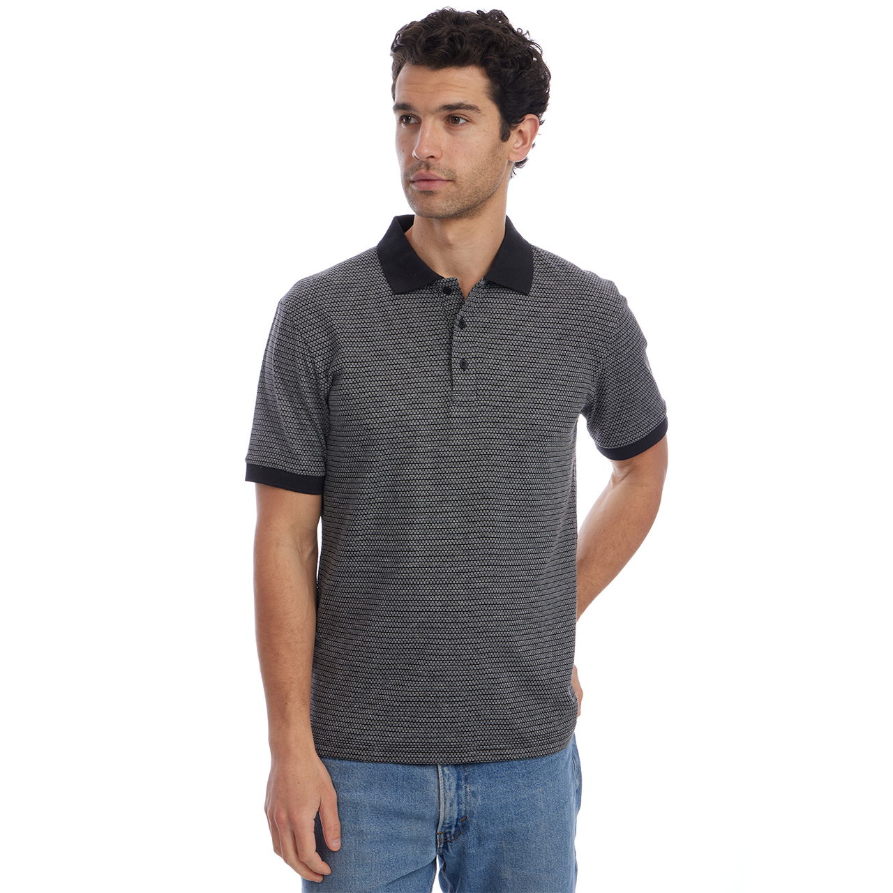 Owen Jacquard Short Sleeve Ribbed Polo - Black